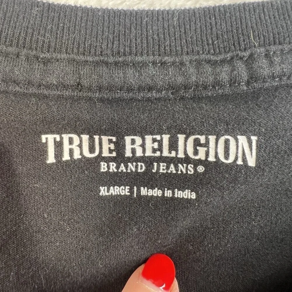 True Religion XL T-Shirt Buddha‎ Logo Graphic Seal Short Sleeve Tee Cotton Black